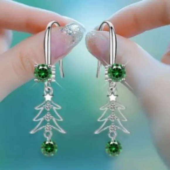 2 pairs! Christmas Tree Dangle Earrings - Synthetic Cubic Zirconia, Copper Mater - Picture 1 of 4